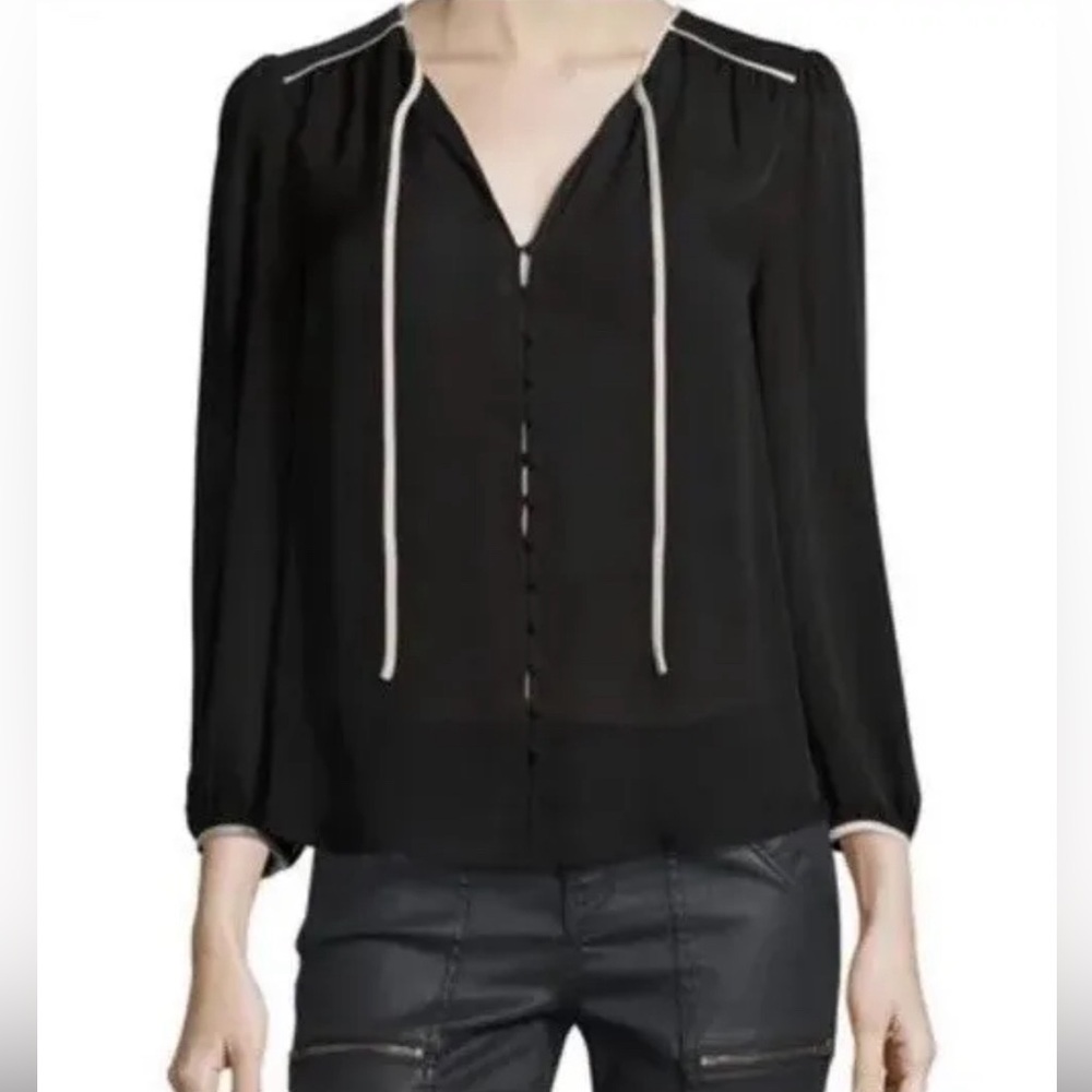 JOIE Blouse Medford silk V Neck draped  Black White Trim shirt top Size S